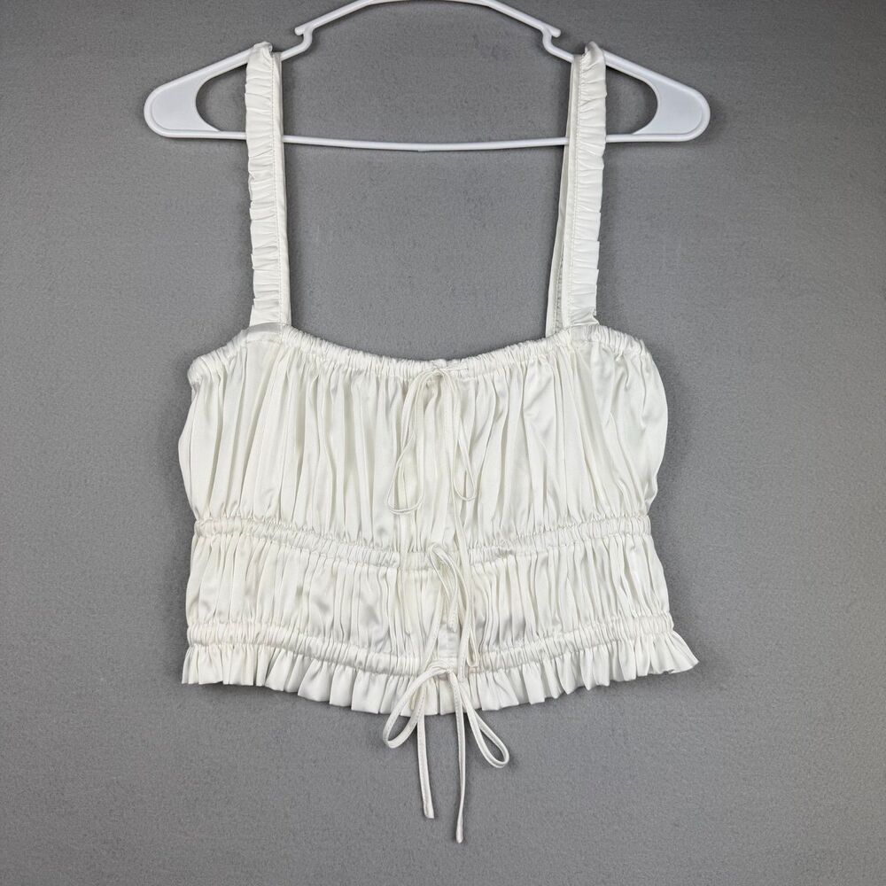 Coquette Bow Tie Ruffle Satin Ruched Corset Crop Top WAYF Womens M Ivory